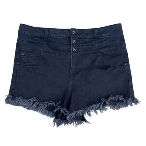 ARIYA Black Distressed Accents Jeans Shorts - frayed hem. 3 button up design